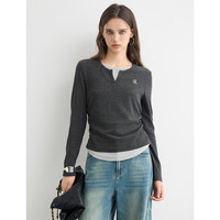 BASIC HOUSE/百家好轻奢v领假两件长袖t恤女2025春季新款修身显瘦撞色打底衫