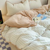 喜兹INS风牛奶绒四件套条纹冬季加厚保暖珊瑚绒被套床单三件套