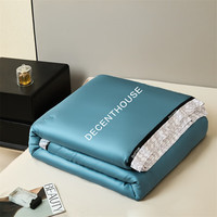 曼克顿A类孕婴水洗冰丝夏被四件套夏季科技凉感仿真丝空调被薄被子被芯 极光-宾利蓝+卡布奇 【2.0x2.3m单夏被】凉感冰丝