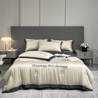 曼克顿A类孕婴水洗冰丝夏被四件套夏季科技凉感仿真丝空调被薄被子被芯 曼希-梧桐杏+高级灰 【2.0x2.3m单夏被】凉感冰丝