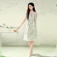 香影 X.YING【时尚夏装】中式水墨晕染连衣裙盘扣方领碎花国风裙子