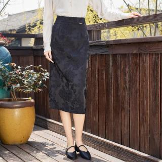 新中式纯色提花半身裙气质时尚通勤百搭中长款女式半截裙舒适显瘦