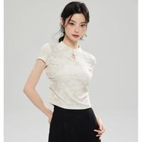 2024夏季新中式国风盘扣短袖针织T恤高级晕染设计短款上衣女