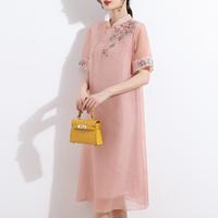 改良旗袍！桑蚕丝夏季立领短袖绣花新中式国风精致优雅风连衣裙