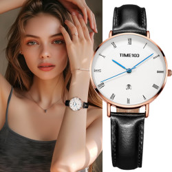 时光一百 TIME100 女士手表 W80310L 轻薄简约头层油蜡牛皮 圆盘日历防水