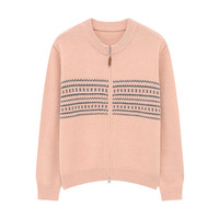 Basic House/百家好圆领拼色提花毛衣女秋冬双拉链设计感开衫外套 粉色 M