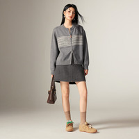 Basic House/百家好圆领拼色提花毛衣女秋冬双拉链设计感开衫外套 灰色 M