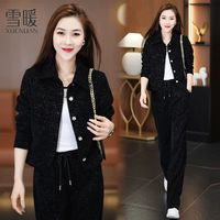 雪暖小香风短外套女士时尚休闲运动服套装2024春秋季阔腿裤两件套