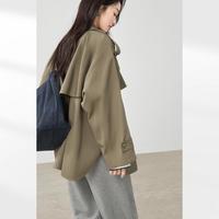 春秋装宽松廓形挡风搭片侧开叉双插袋翻领女式中长款风衣