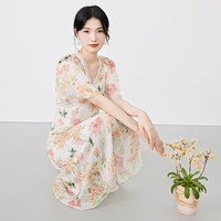 秋水伊人气质V领法式优雅连衣裙夏季新款女装薄款中长裙子 花料