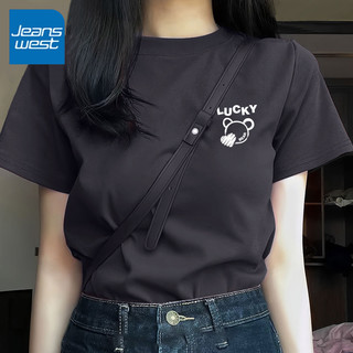 KMV真维斯红色正肩纯棉短袖女装t恤夏季2025全棉半袖上衣 鹅黄-lucky爱心熊K XL
