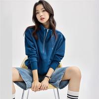 心形字母刺绣抽绳立领半开襟针织卫衣女士