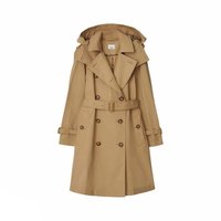 BURBERRY/博柏利 女士米色纯色棉质双排扣连帽中长款风衣