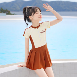 佑游 儿童泳衣女孩连体2025新款中大童女童游泳衣 米色 2XL （建议高120-130cm重50-60斤