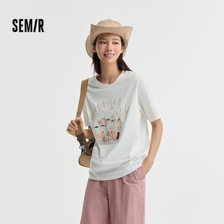 Semir森马短袖T恤女宽松卡通印花俏皮小众2024夏季落肩套头衫可爱 白色调00311 155/80A/S
