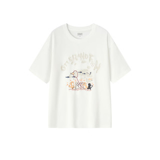 Semir森马短袖T恤女宽松卡通印花俏皮小众2024夏季落肩套头衫可爱 白色调00311 155/80A/S