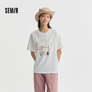 Semir森马短袖T恤女宽松卡通印花俏皮小众2024夏季落肩套头衫可爱 白色调00311 155/80A/S