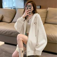 2024春季女连帽左胸图案卫衣外套简约百搭温柔韩版休闲慵懒风
