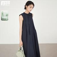 2024夏装干练半开小立领捏褶飘带莱赛尔女式无袖中长连衣裙
