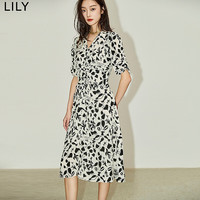 丽丽 LILY夏新款女装法式浪漫印花优雅气质V领高腰显瘦A字连衣裙女 604米白