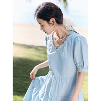 茵曼（INMAN）法式气质连衣裙女夏季花边V领泡泡袖A字长裙 浅水蓝 S 