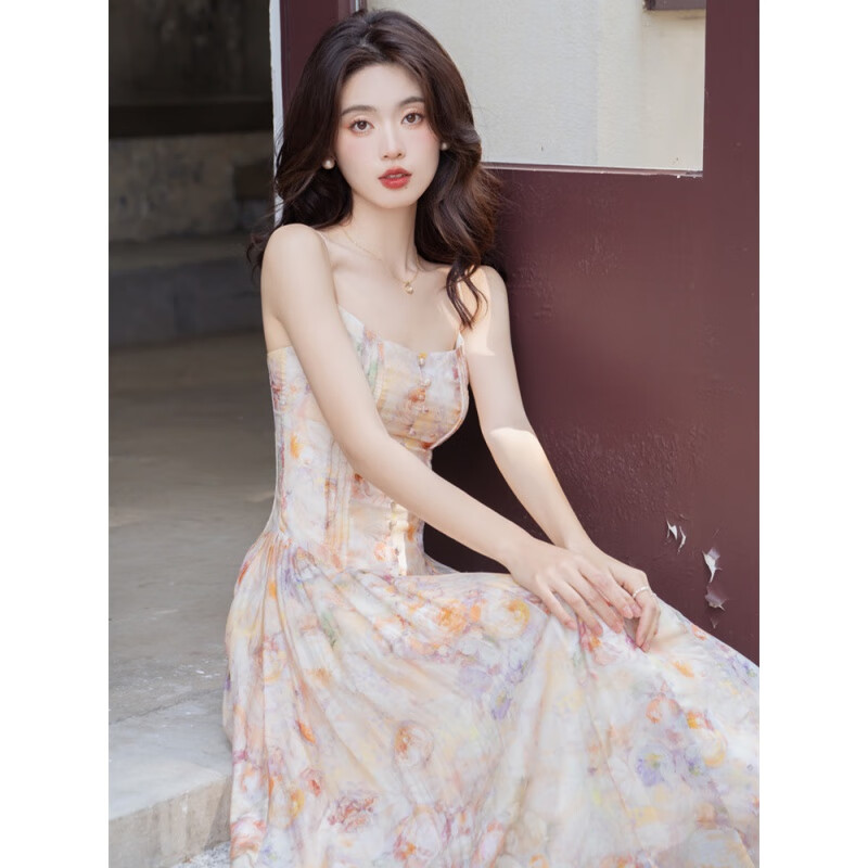 妍莉芬（yanlifen）茶歇法式碎花吊带裙子女春季2025新款仙气森系甜美连衣裙两件套