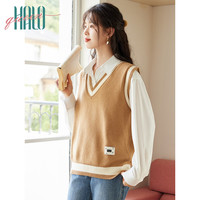 Halo Queen针织马甲女春秋美拉德撞色针织衫贴布百搭时尚马甲 卡其 M