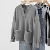 【圆领纯色针织外套】春装新女士时尚宽松显瘦拉链开衫