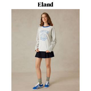 ELAND衣恋【100%棉】T恤女圆领胸口花朵图案长袖上衣2025春季新款