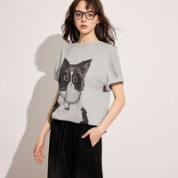 BASIC HOUSE/百家好韩系减龄猫猫印花短袖T恤女2025夏季宽松上衣 灰色 S