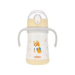 THERMOS 膳魔师 儿童水杯 不锈钢保温杯 宝宝吸管杯 防摔 斜跨 黄恐龙 320ml 恐龙蛋 杯绳