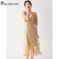 帕罗(PALUOPO)连衣裙短袖中长款A字裙夏季气质碎花设计感甜美仙女田园风裙子