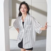 【人棉】廓版短袖衬衫拼色条纹上衣女2024夏薄空调开衫上衣女