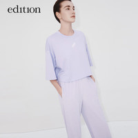 editionE+轻生活系列宽松截短纯棉短袖T恤女小个子 冰紫色 M/165