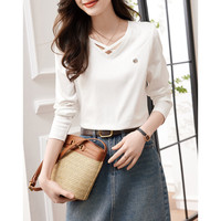 德玛纳（dme）【气质棉氨针织女式t恤】夏季通勤v领微弹长袖t恤女