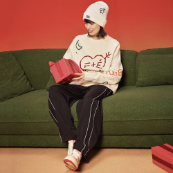 FILA 斐乐 情侣款 时尚休闲针织衫毛衣 男女同款涂鸦手绣基础圆领编织衫