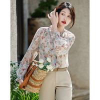 德玛纳（dme）【温柔御姐OOTD】春秋韩系雪纺印花衬衫泡泡袖荷叶边衬衣 浅杏色 S