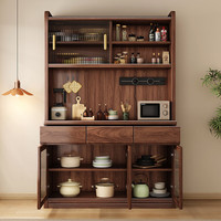 月影梳桐黑胡桃木餐边柜实木酒柜靠墙一体客厅高柜储物柜收纳储物橱柜家具 六门餐边柜+电力导轨