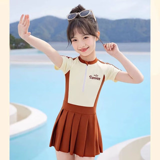 佑游儿童泳衣女孩连体2025中大童宝宝专业游泳训练装备女童游泳衣 米色【游泳四件套】 XL （高110-120cm重40-50斤）