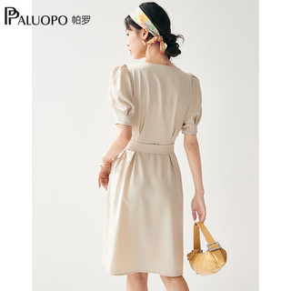 帕罗（PALUOPO）连衣裙V领短袖黑色A字裙遮肚子显瘦收腰V领女装夏季中长款 米色 L (165/88A)