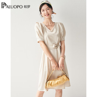 帕罗（PALUOPO）连衣裙V领短袖黑色A字裙遮肚子显瘦收腰V领女装夏季中长款 米色 L (165/88A)