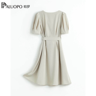 帕罗（PALUOPO）连衣裙V领短袖黑色A字裙遮肚子显瘦收腰V领女装夏季中长款 米色 L (165/88A)