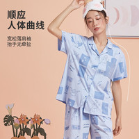 都市丽人女士开襟短袖家居服套装春夏棉质舒适休闲薄款柔软睡衣2H2101