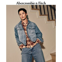 Abercrombie & Fitch 男装春秋美式舒适百搭经典巴恩风美式复古牛仔夹克外套 蓝色水洗