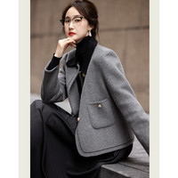 德玛纳（dme）【雪野一梦】24冬静奢撞色翻领含绵羊毛双面呢绣线大衣女短外套 麻灰 S