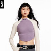 MLMR outlets女士半高领修身短款时尚个性衣服撞色长袖T恤女 E38紫灰 175/92A/XL