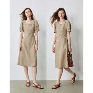 【静奢高知】夏款法式方领泡泡袖连衣裙女通勤收腰裙子