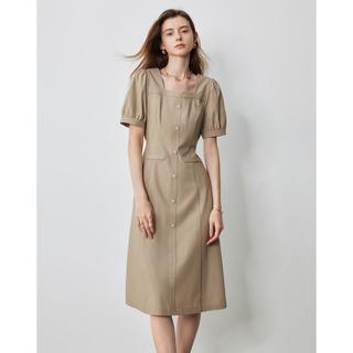 【静奢高知】夏款法式方领泡泡袖连衣裙女通勤收腰裙子