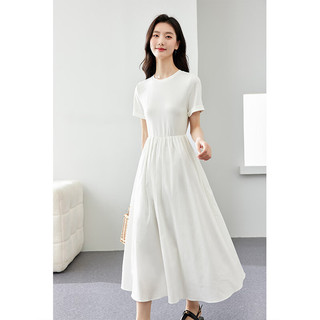 梵希蔓简约通勤黑色短袖连衣裙女2025年夏季收腰显瘦小黑裙子 M6986 白色 M