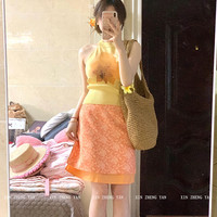XZY/欣争艳 微胖多巴胺度假风挂脖针织背心女25年夏碎花半裙套装